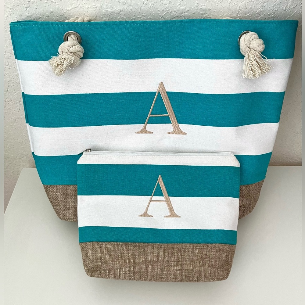 New Striped Tote Bag Set with Initial A